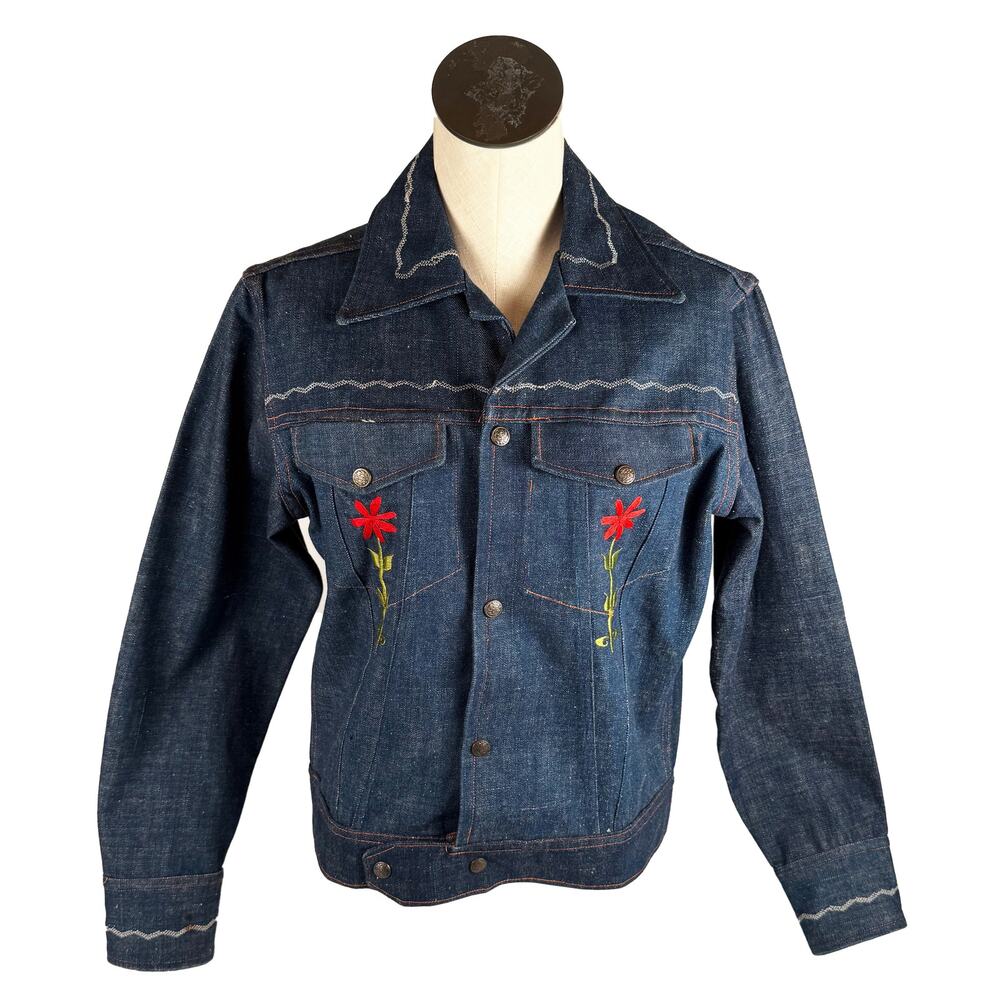 NOS 70s Embroidered Denim Jacket Mushrooms & Flowers Sz 40 Hippie Boho